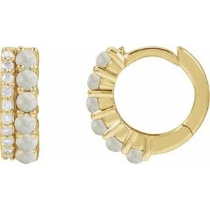 White Opal & Diamond Huggie Hoop Earrings