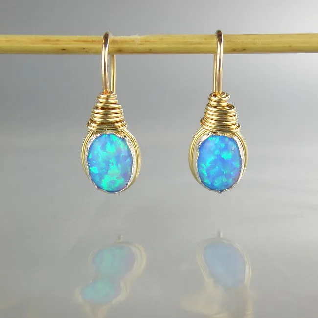 Wire Wrapped Blue Oval Opal Earrings