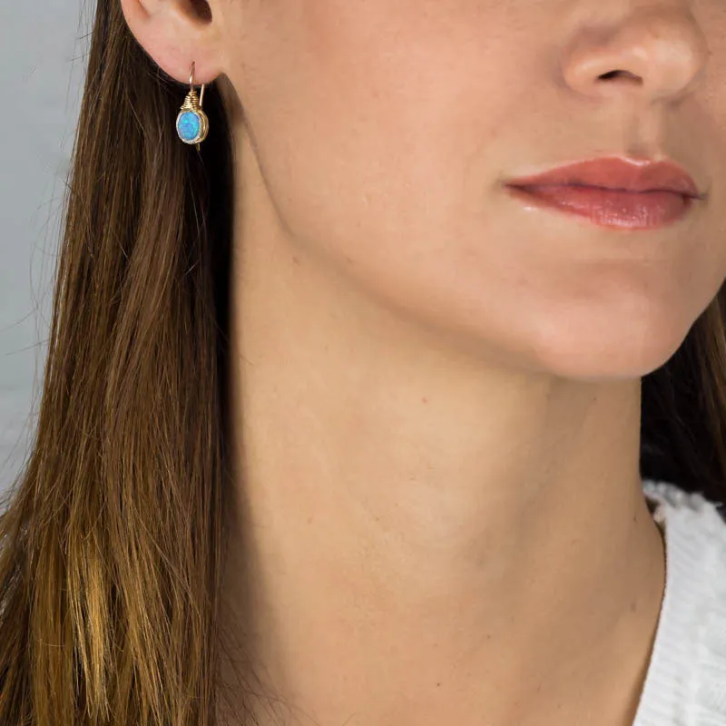 Wire Wrapped Blue Oval Opal Earrings