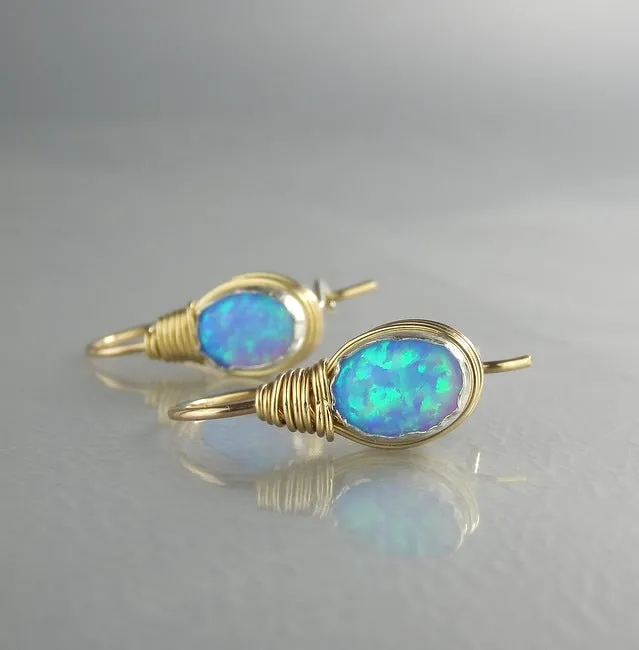 Wire Wrapped Blue Oval Opal Earrings