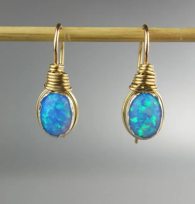 Wire Wrapped Blue Oval Opal Earrings