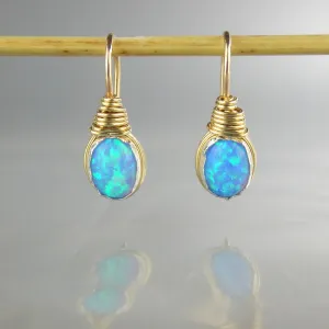 Wire Wrapped Blue Oval Opal Earrings