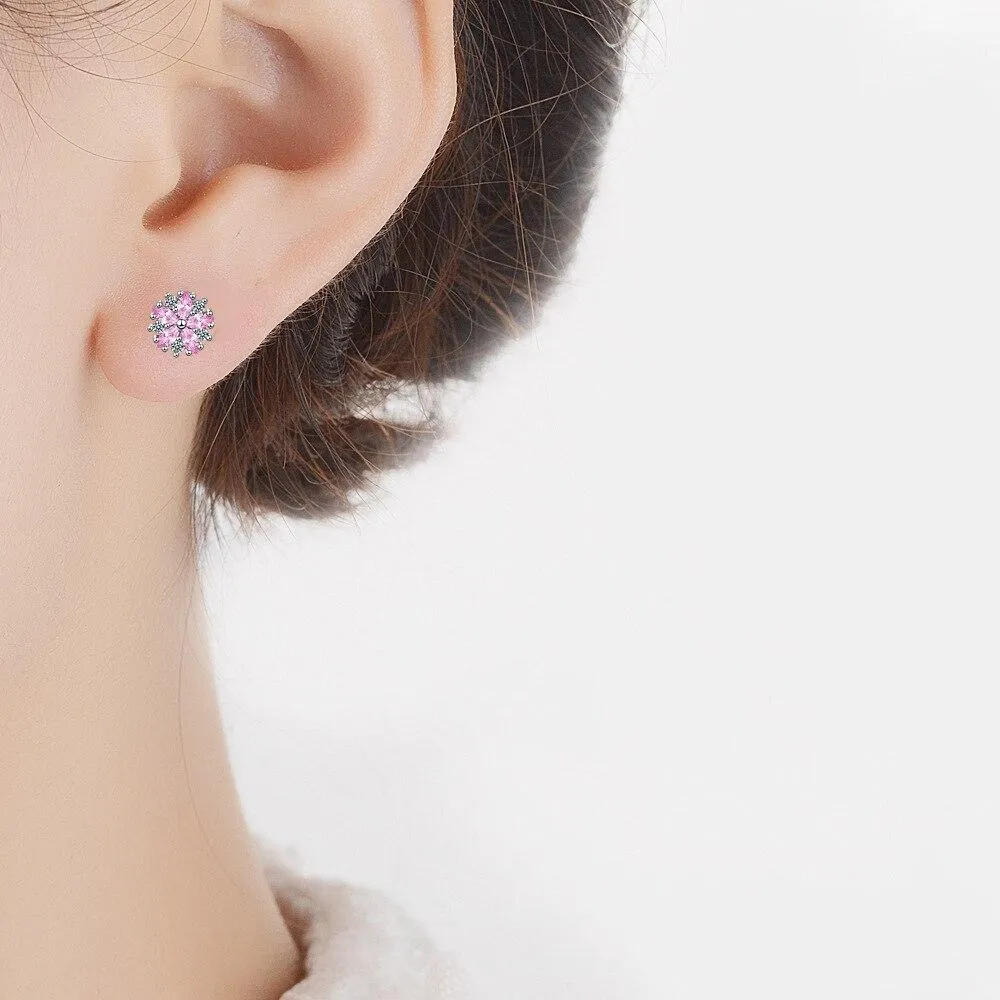 Women Sterling Silver Pink Clear Zircon Flower Necklace Earrings Bracelet Set