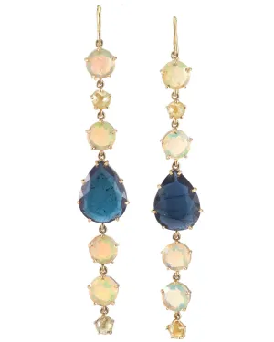 Yellow Gold Opal and Tourmaline Long Drop Earrings