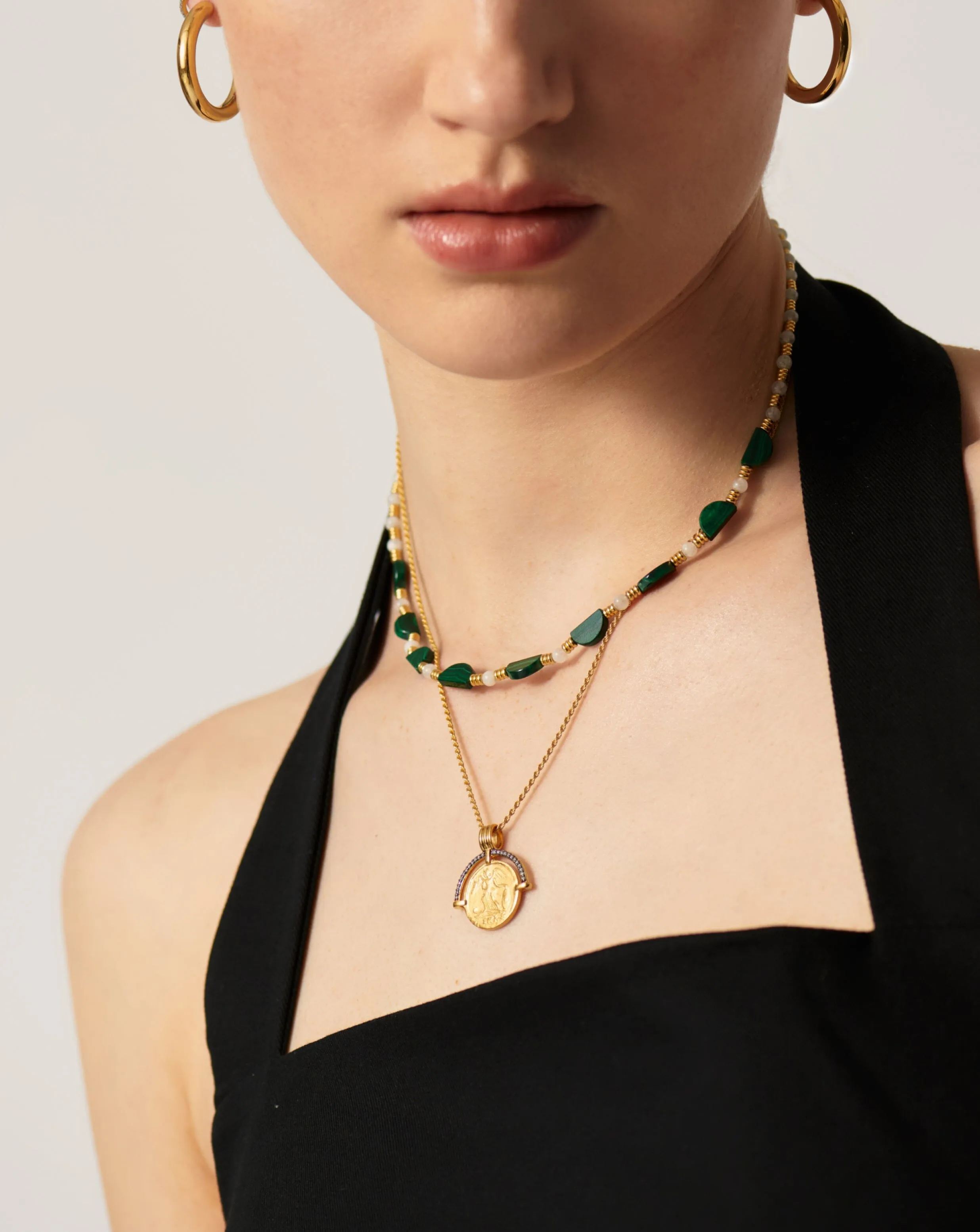 Zenyu Beaded Half Moon Necklace in Gold and Amazonite